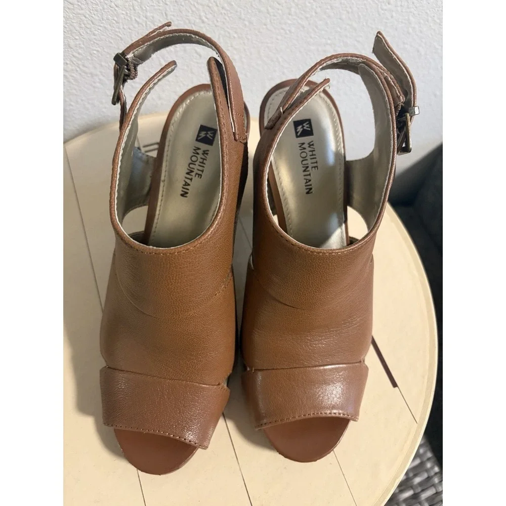 White Mountain~ District~8M~ Brown Leather Peep‎ Toe Slingback Block High Heels